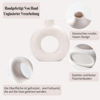 White Ceramic Donut Vase Set of 2, Hollow Matte Pampas Flower Vases for Boho Home Wedding Party Room Dinner Table Shelf Decor.（White）