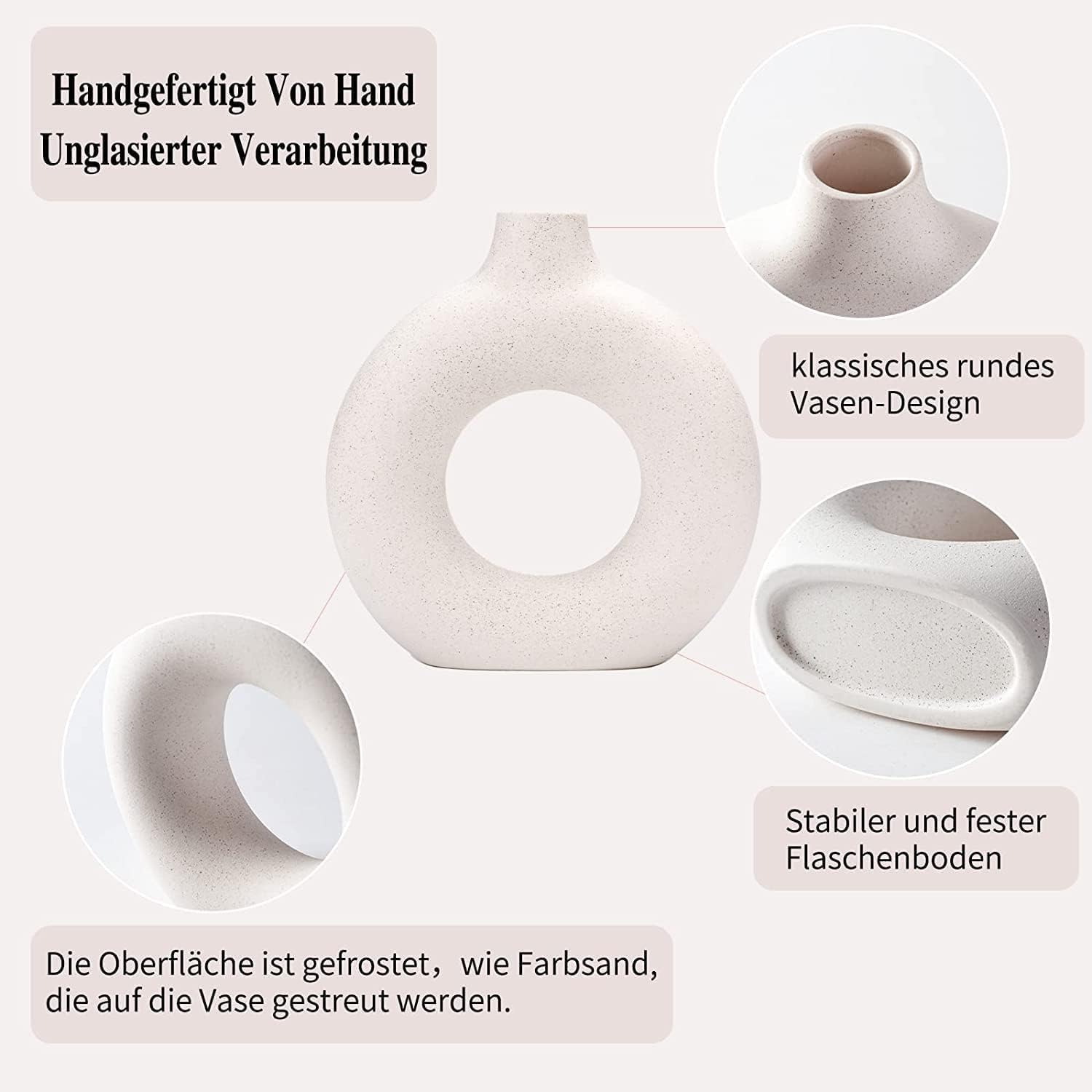 White Ceramic Donut Vase Set of 2, Hollow Matte Pampas Flower Vases for Boho Home Wedding Party Room Dinner Table Shelf Decor.（White）