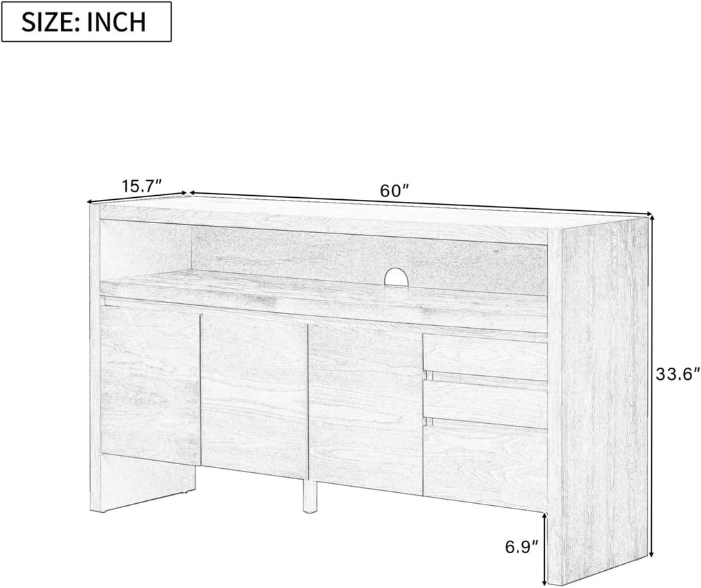 60" 3-Door Sideboard with 3 Drawers - Semi-Open Shelf & Center Semi-Circular Cutout in Back Panel, Large Storage Cabinet for Living Room, Hallway, Dining,for Kitchen