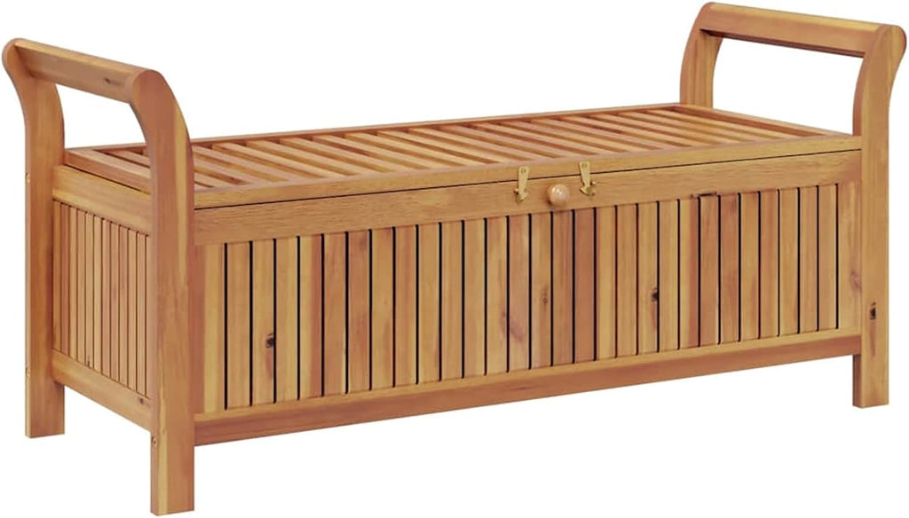 Gecheer Garden Storage Bench with Cushion – 126 cm Solid Acacia Wood Outdoor Bench with Ample Storage Space and Dark Grey Foam Seat