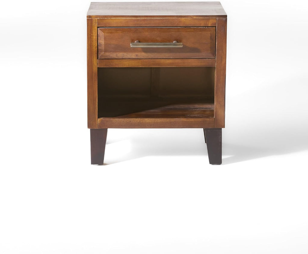 roomfitters Industrial Brown Acacia Wood End Table, Luxury 1-Drawer Storage Nightstand with Metal Frame, Contemporary Bedroom Bedside Unit