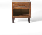 roomfitters Industrial Brown Acacia Wood End Table, Luxury 1-Drawer Storage Nightstand with Metal Frame, Contemporary Bedroom Bedside Unit
