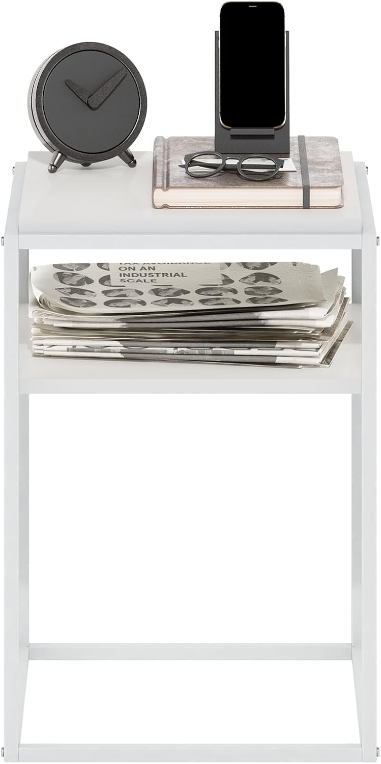 Furinno Moretti Side Table, 2-Tier Stackable Metal Frame End Table with Open Shelf, Night Stand, Bedside Table, Toolless Assembly, for Living Room, Bedroom, Solid White