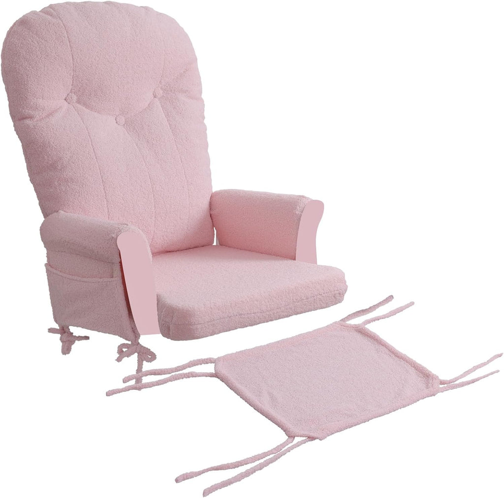 Boshen 5PCS Glider Rocker Replacement Cushions with Ottoman Cover, Tufted High Back & Teddy Plush Rocking Chair Cushion Set, Thickened 3.5'' Glider Cushions with Side Pockets for Indoor Nursery, Pink