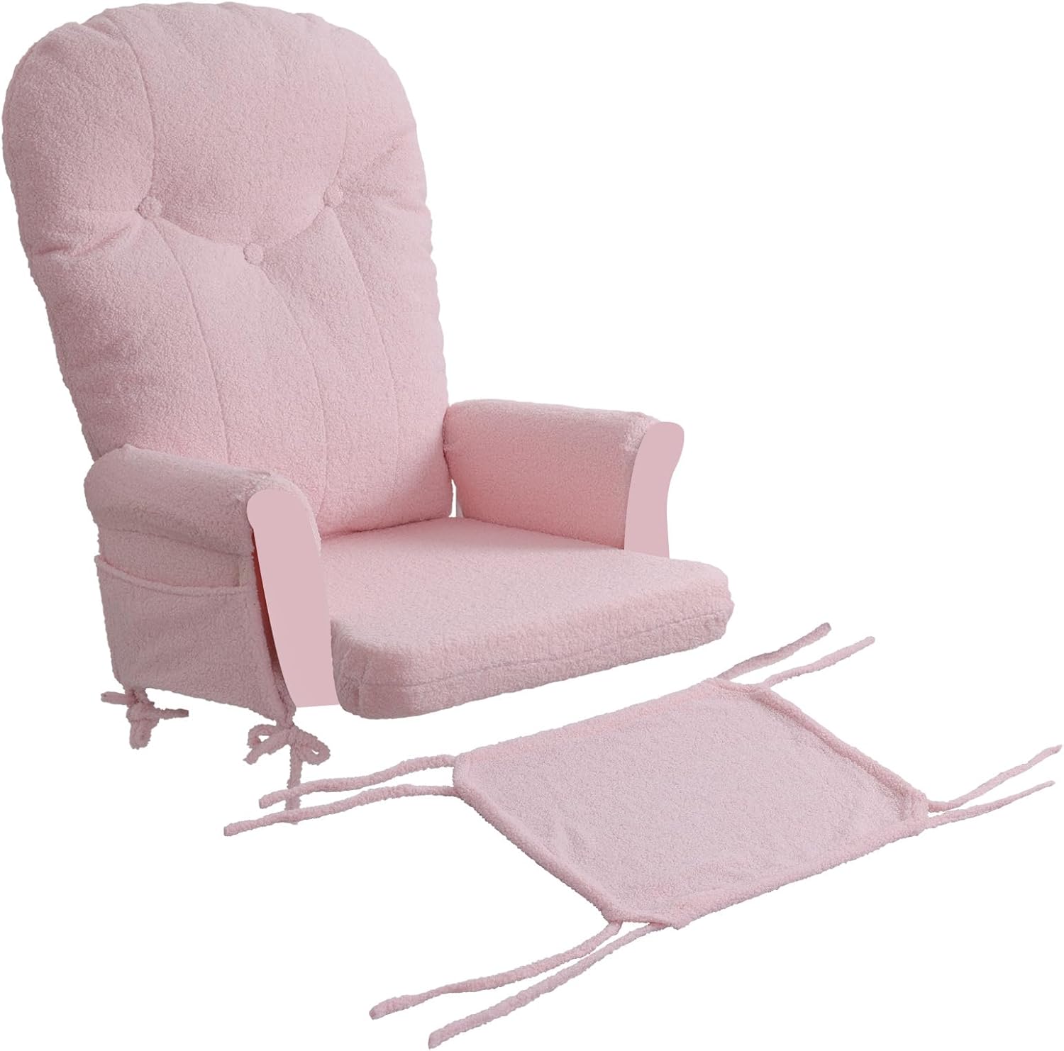 Boshen 5PCS Glider Rocker Replacement Cushions with Ottoman Cover, Tufted High Back & Teddy Plush Rocking Chair Cushion Set, Thickened 3.5'' Glider Cushions with Side Pockets for Indoor Nursery, Pink
