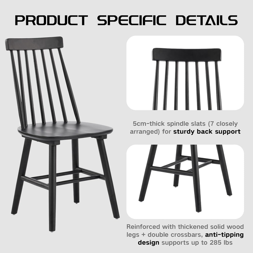Black Dining Chairs Set of 6, 100% Solid Wood Farmhouse Kitchen Chairs, Armless Cottage Dinner Chair with Spindle Back, Windsor Dining Room Chairs for Kitchen (2 Boxes)