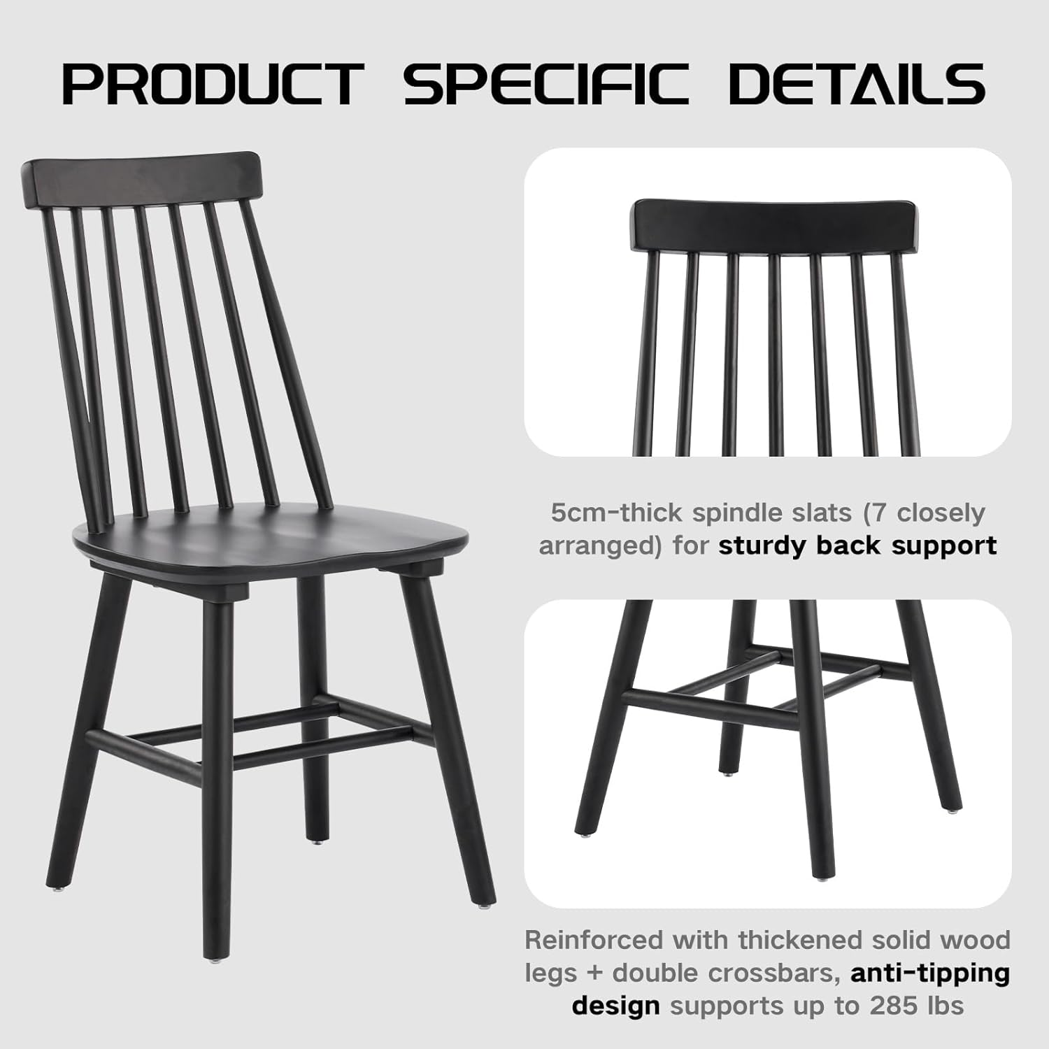 Black Dining Chairs Set of 6, 100% Solid Wood Farmhouse Kitchen Chairs, Armless Cottage Dinner Chair with Spindle Back, Windsor Dining Room Chairs for Kitchen (2 Boxes)