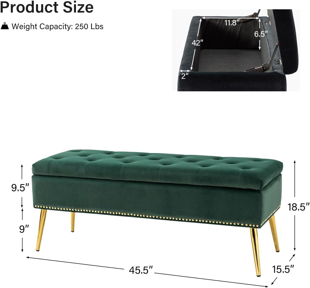45.5" Luxury Velvet Storage Ottoman Bench with Button Tufted & Nailhead Trim, Upholstered Entryway Benches with Gold Legs, Multi-Functional Footstool for Bedroom End of Bed, Green