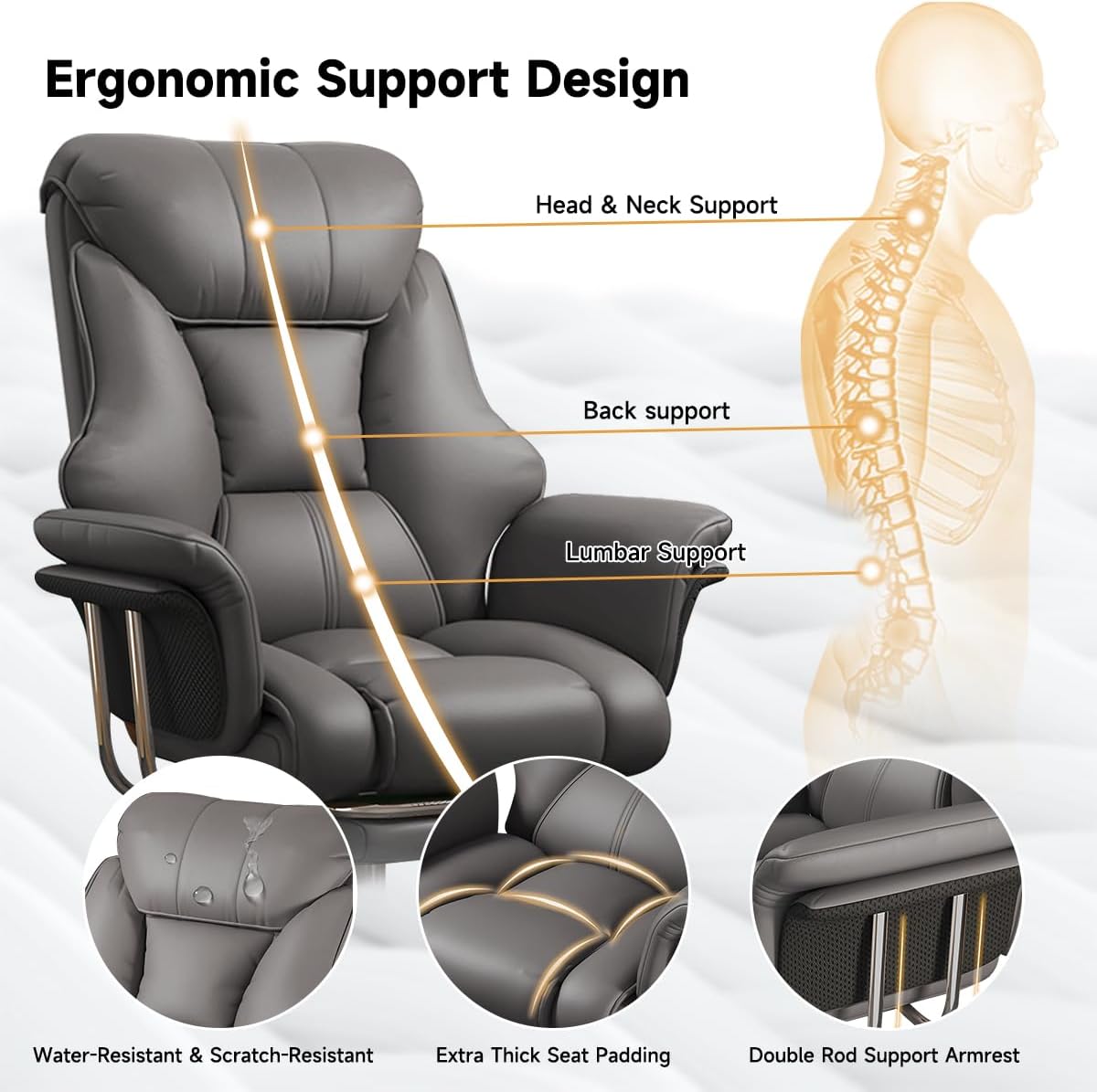 Big and Tall Office Chair 550 lbs Extra Wide Leather Executive Chair with Retractable Footrest, Heavy-Duty Ergonomic Chair, Adjustable Height Computer Gaming Chairs