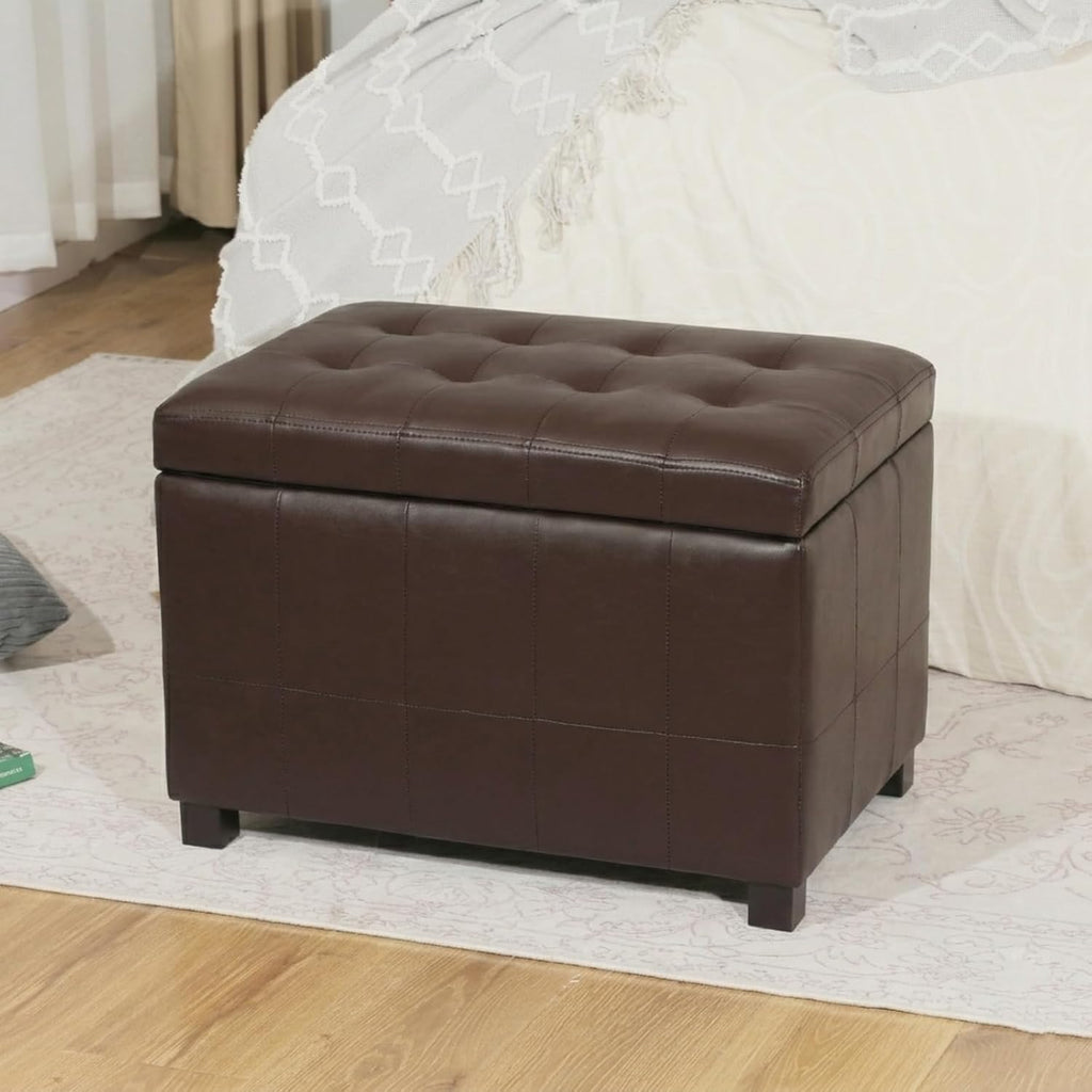 Asense 24-Inch Storage Ottoman Bench,Foot Stool Ottoman with Storage, Faux Leather Upholstered Foot Rest Seat with Safety Hinge,Wood Legs Stool for Living Room, Bedroom,Entryway,Chocolate Brown