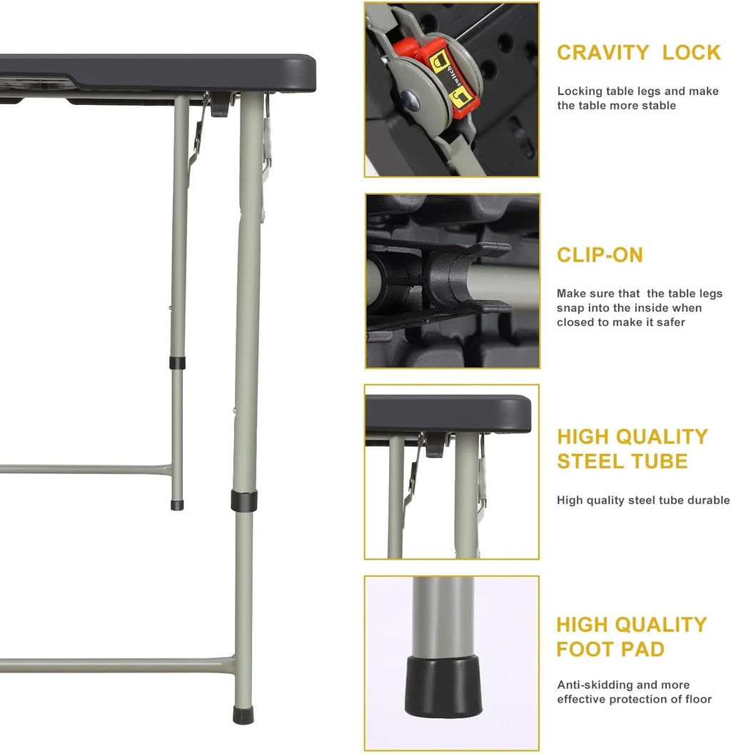 4FT Folding Table Heavy Duty 350 LBS, 3 Adjustable Heights Fold-in-Half Portable Table with HDPE Waterproof Top for Camping, Party, Craft, Card Game - Coffee Table to Dining Height, Indoor Outdoor