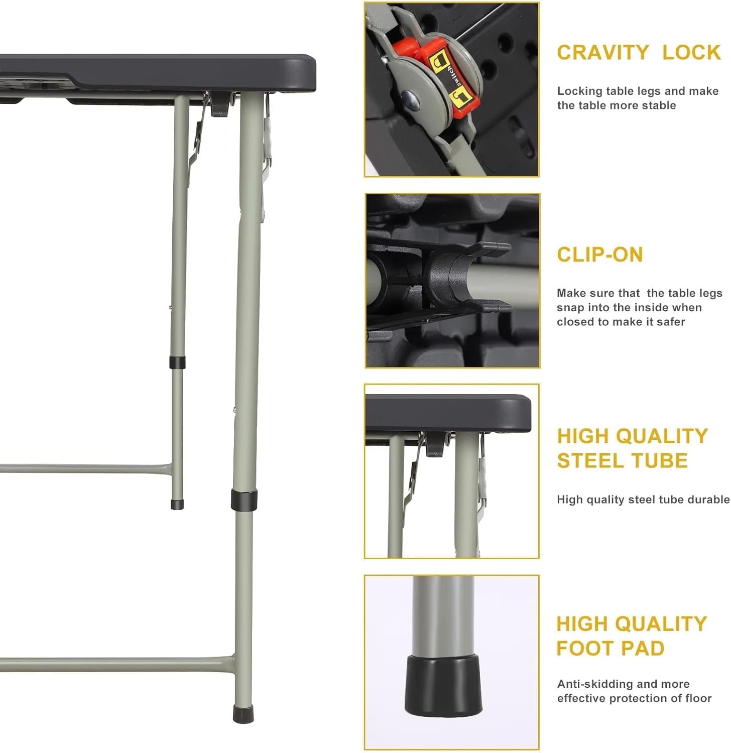 4FT Folding Table Heavy Duty 350 LBS, 3 Adjustable Heights Fold-in-Half Portable Table with HDPE Waterproof Top for Camping, Party, Craft, Card Game - Coffee Table to Dining Height, Indoor Outdoor