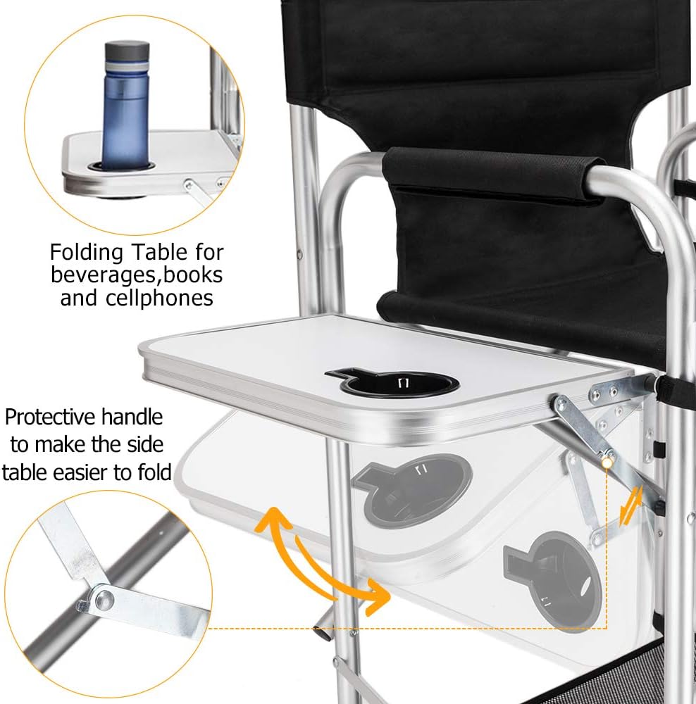 mefeir 31" Tall Folding Directors Chair with Side Table Storage Bag,Portable Makeup Artist Bar Height, Aluminum Frame 300 lbs Capacity, 19.2" D x 23.6" W x 45.6" H