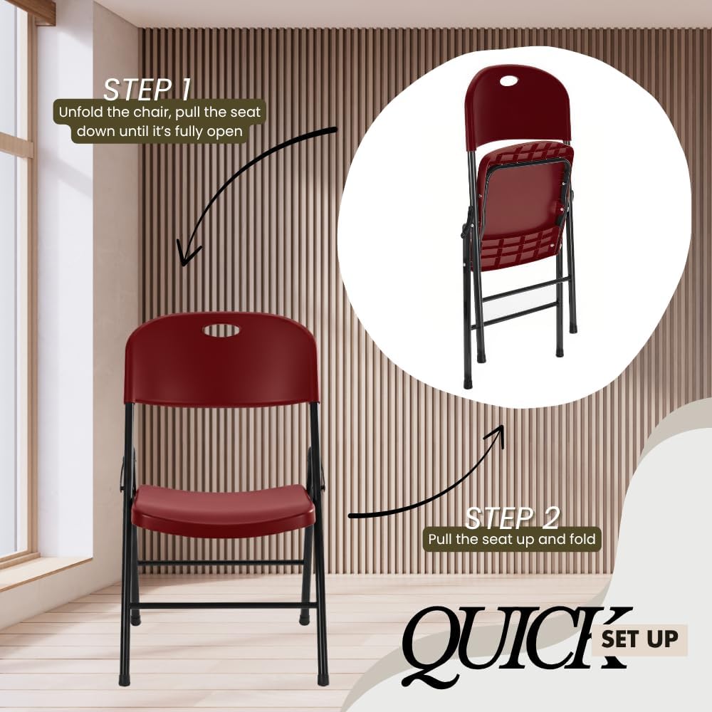 2-Pack Heavy Duty Plastic Folding Chair, 450 lbs Capacity Foldable Chairs for Indoor Outdoor, Stackable Portable Seating for Party, Wedding, Patio, Backyard, Office (Red)