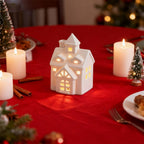 White Christmas Village Houses,LED Lighted Ceramic White Small House and Xmas Tree Tabletop Figurines, Light Up Christmas Decorations for Home Shelf Cabinet Table Winter Deco