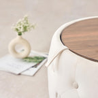 Furniliving Storage Ottoman Set of 2, Luxurious Velvet Round Ottoman with Wood Tray, Aesthetic Coffee Table with Foot Stool for Living Room, Beige