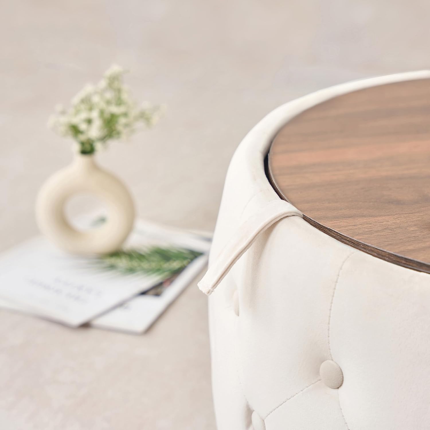 Furniliving Storage Ottoman Set of 2, Luxurious Velvet Round Ottoman with Wood Tray, Aesthetic Coffee Table with Foot Stool for Living Room, Beige