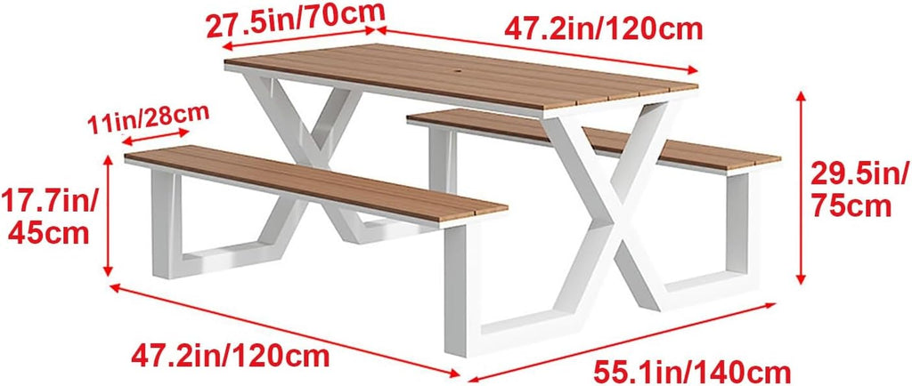 Outdoor Bench Table, Rectangular Porch Bench with Black Frame, Picnic Table Benchs Set for Garden, Lawn, Yard(White)