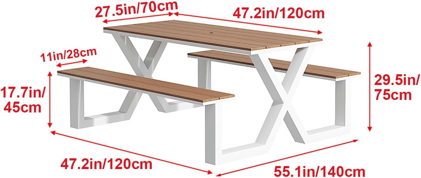 Outdoor Bench Table, Rectangular Porch Bench with Black Frame, Picnic Table Benchs Set for Garden, Lawn, Yard(White)
