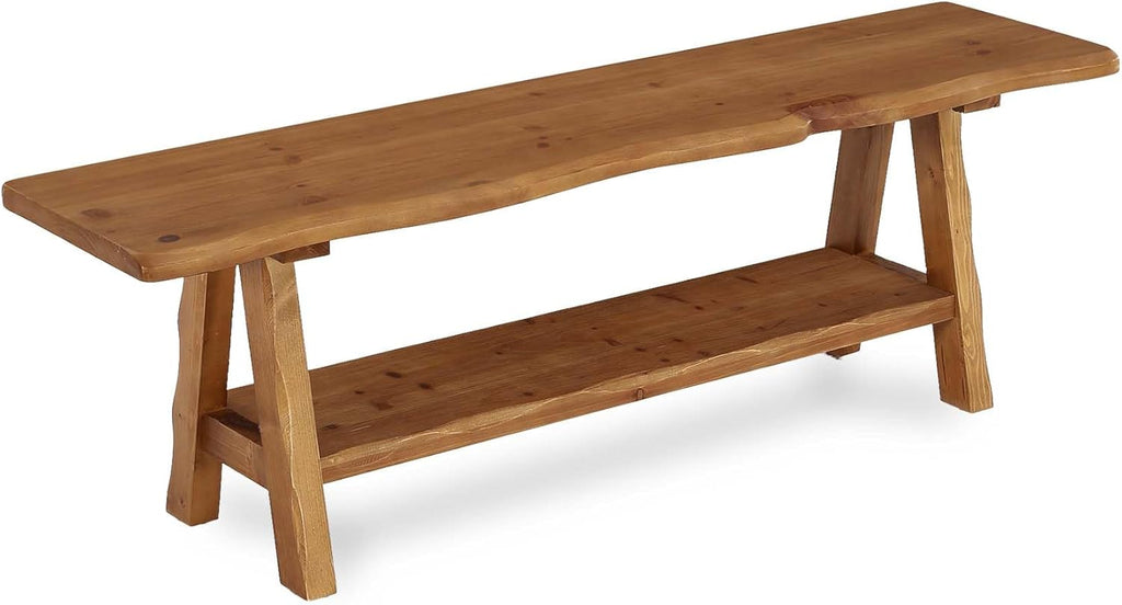 55-Inch Solid Wood Entryway Bench, Farmhouse Long End of Bed Bench with Live-Edge, Indoor Dining Seat for Entrance, Bedroom, Living Room, Dining Room, Easy Assembly, Brown