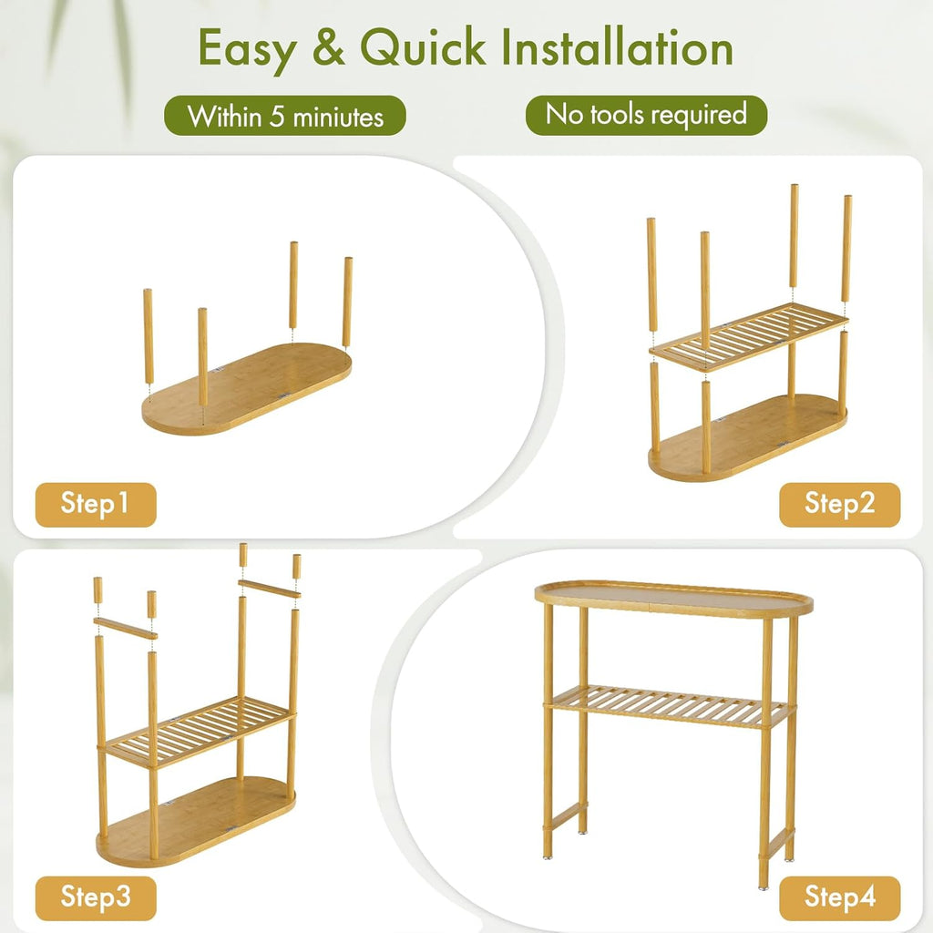 Small Entryway Table Bamboo 30.7", Narrow Hallway Table Oval Top 2-tier, Slim Console Table with Anti-fall Edge, Sofa Side Table 5min Easy Assembly, Small TV Stand for Bedroom, Indoor Plant Stand