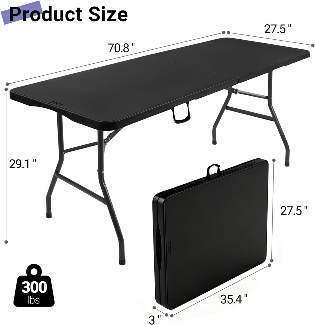 6ft Folding Table, Portable Heavy Duty Plastic Table for Party, Black | Fold-in-half Design with Carry Handle,Easy Setup,Compact Storage. Supports 330 lbs for Indoor & Outdoor use,Camping, Picnic