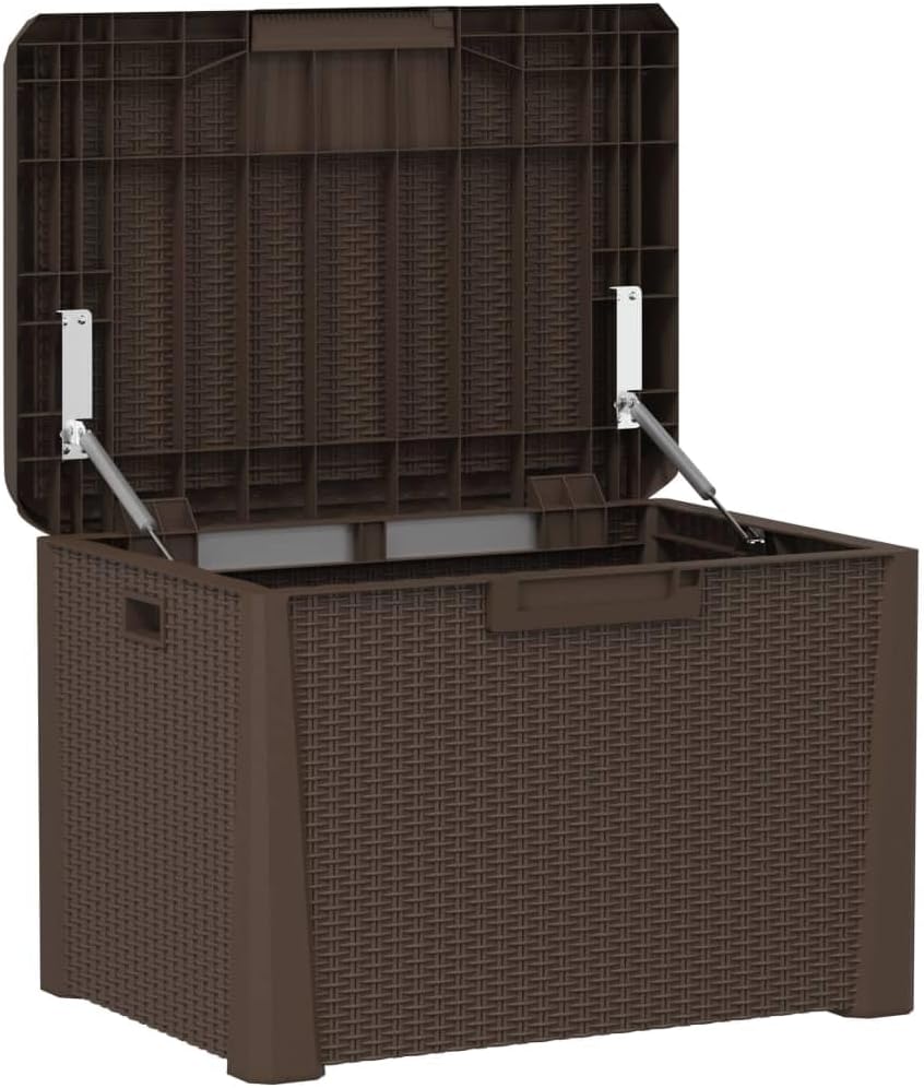 Patio Storage Box with Seat Cushion Brown 33 Gallon Resin Wicker Bench Container for Outdoor Garden Backyard Deck with Lockable Lid and Weather Resistant Design