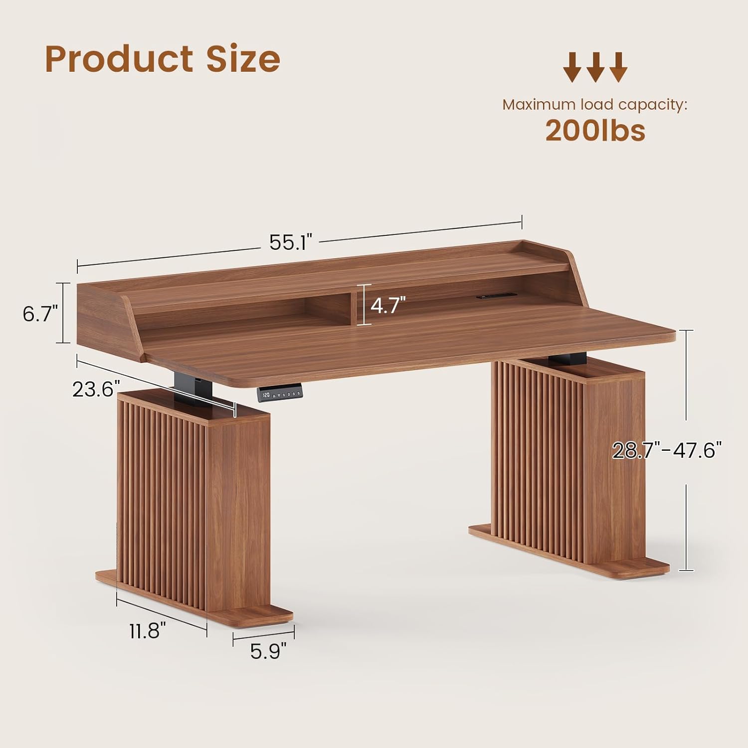 SEDETA Standing Desk with Storage, 55" Fluted Stand Up Desk with Power Outlets and LED Lights, Height-Adjustable Table with Monitor Shelf for Home Office & Gaming, Brown