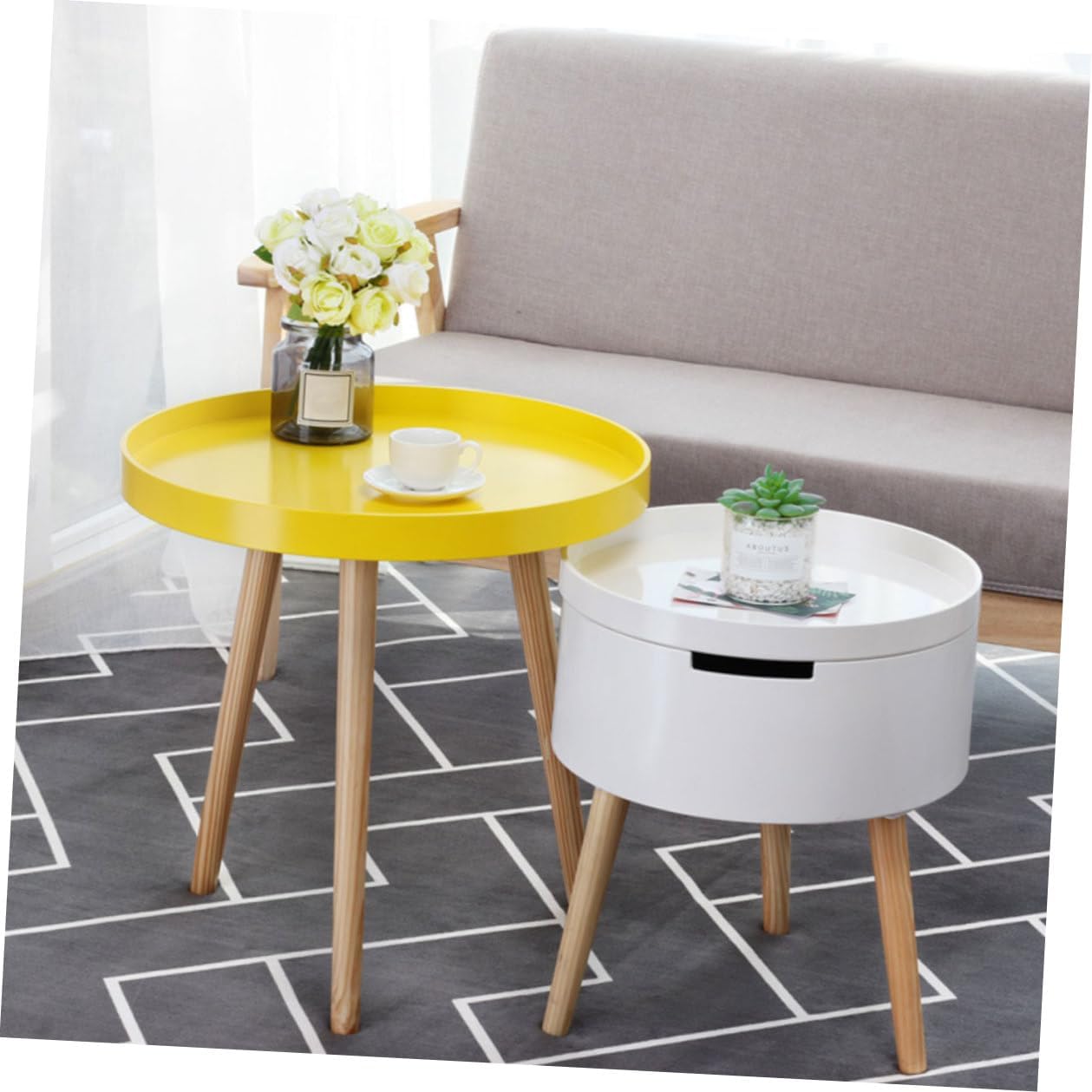 SUPVOX Modern Small Round Nordic Sofa Side Table, Yellow Mini Creative Indoor Coffee End Table for Living Room and Balcony