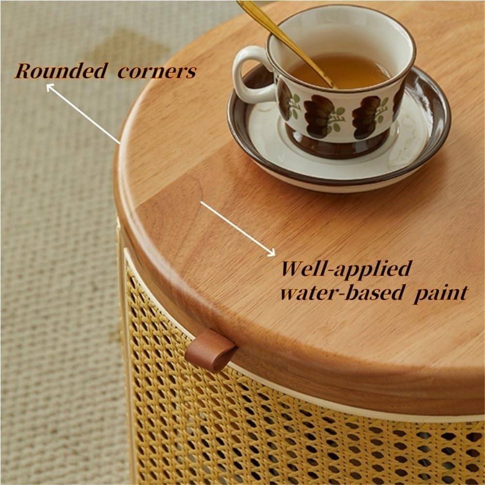 Simple Wood Side Table Handmade Round Storage Small Imitation Woven Rattan Sofa End Table Coffee Table Bedside Table for Room All Occasion(Coffee)