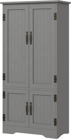 48.5" Kitchen Pantry Cabinet, Compact Farmhouse Storage Cabinet Organizer with 2 Adjustable Shelves and 4 Beadboard Doors for Dining Room, Gray,11.8 * 23.5 * 48.5
