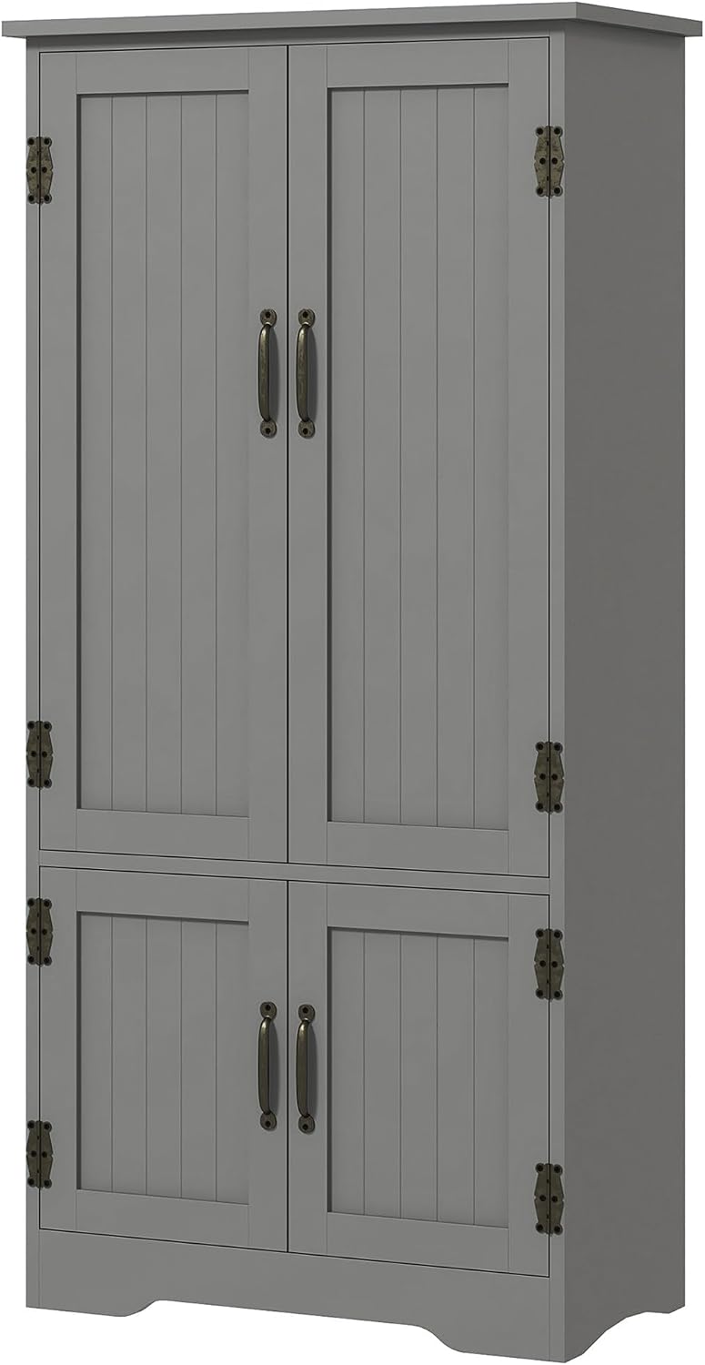 48.5" Kitchen Pantry Cabinet, Compact Farmhouse Storage Cabinet Organizer with 2 Adjustable Shelves and 4 Beadboard Doors for Dining Room, Gray,11.8 * 23.5 * 48.5