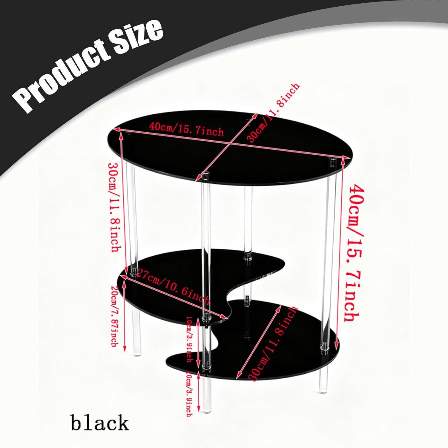 Acrylic Side Table 3 Tier Small End Table Furniture with 3 Storage Shelves NightStand Drink Desk for Couch Laundry Entryway, Black