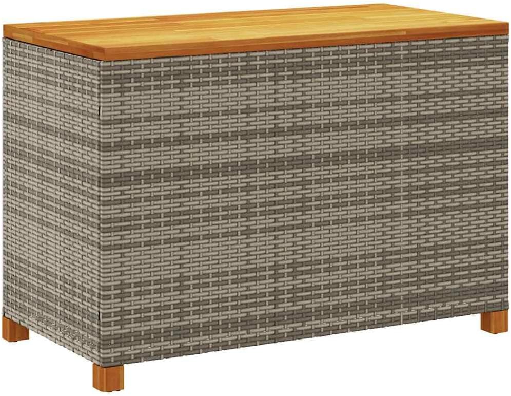 Patio Storage Box Gray Poly Rattan Resin Wicker Bench with Acacia Wood Lid 43.3"x21.7"x24.8" Weather Resistant Outdoor Deck Cushion Chest for Garden Backyard Porch