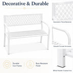 Heavy Duty White Metal Patio Garden Bench for 2 – 50" Wide, 790 lbs Capacity – Weather Resistant – Geometric Backrest & Slatted Seat – Porch, Deck, Entryway, Backyard Seating – White