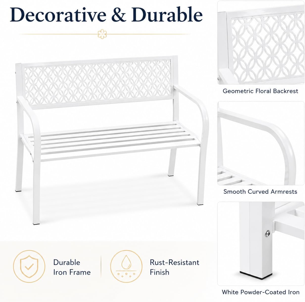 Heavy Duty White Metal Patio Garden Bench for 2 – 50" Wide, 790 lbs Capacity – Weather Resistant – Geometric Backrest & Slatted Seat – Porch, Deck, Entryway, Backyard Seating – White