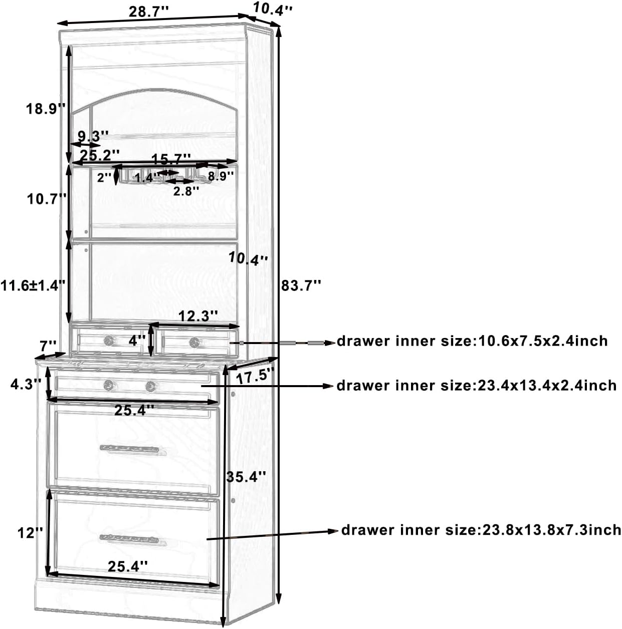 LUMISOL 83.7" Freestanding Tall Kitchen Pantry with 5 Drawers and Glass Holders, Modern Kitchens Storage Cabinet with Adjustable Shelf and Faux Marble Top, Wooden Kitchen Hutch, Blue