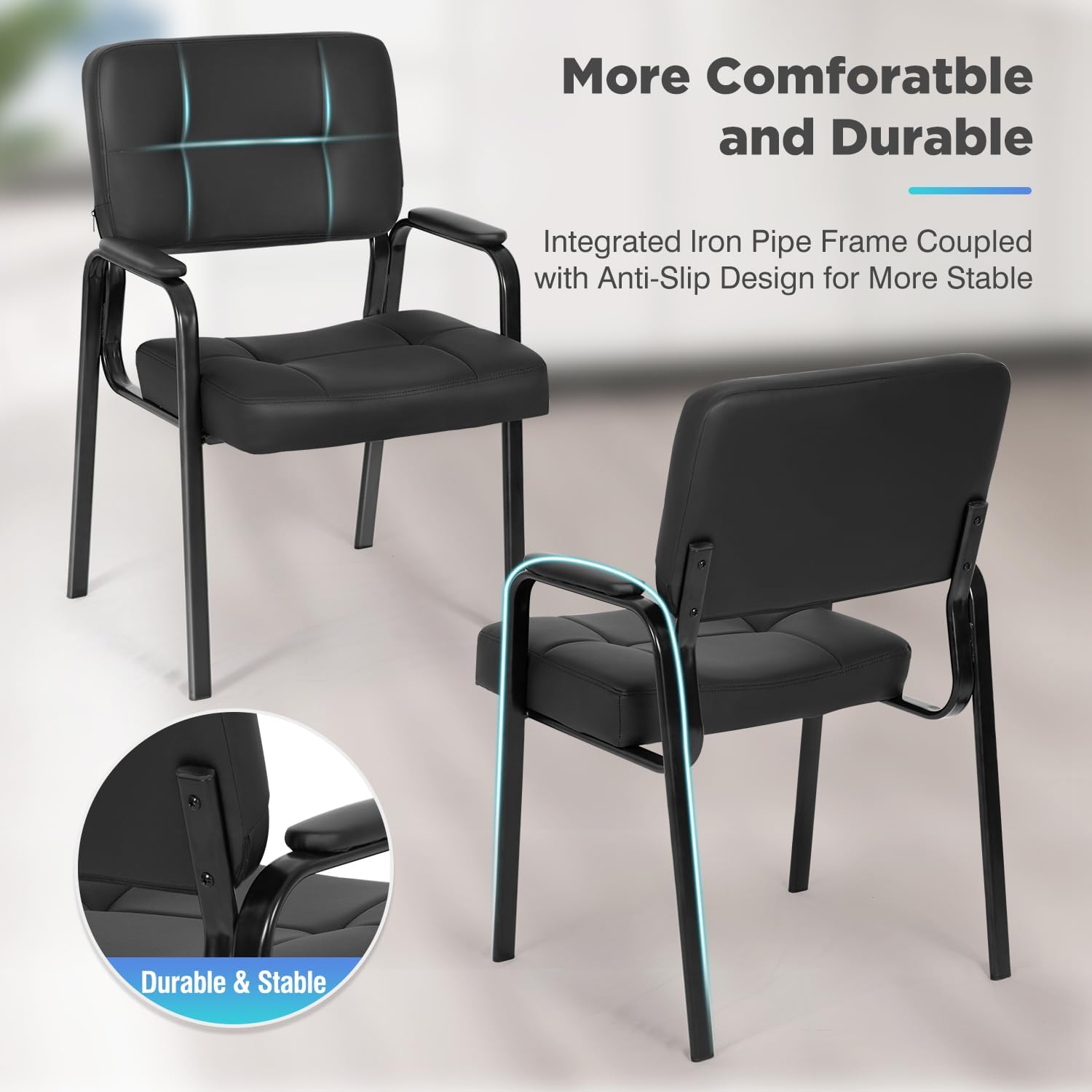BestOffice Office Guest Chairs Set of 2 Reception Chairs Conference Chairs with Arms Lumbar Support Stack Cushion Seat Meeting Chair PU Leather Office Chair Without Wheels (Black)