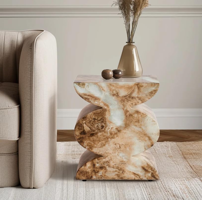 Modern Faux Marble End Table in Onyx Brown Side Table for Indoor and Outdoor | Weatherproof | 18.1'' H x 15.0'' W x 15.0'' D | White, Cream, Brown, Tan, Beige