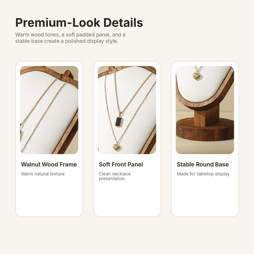 Necklace Display Stand, Walnut Wood Jewelry Holder with Soft Padded Leather Panel, Tabletop Necklace Organizer for Dresser, Vanity, Boutique Display (White)