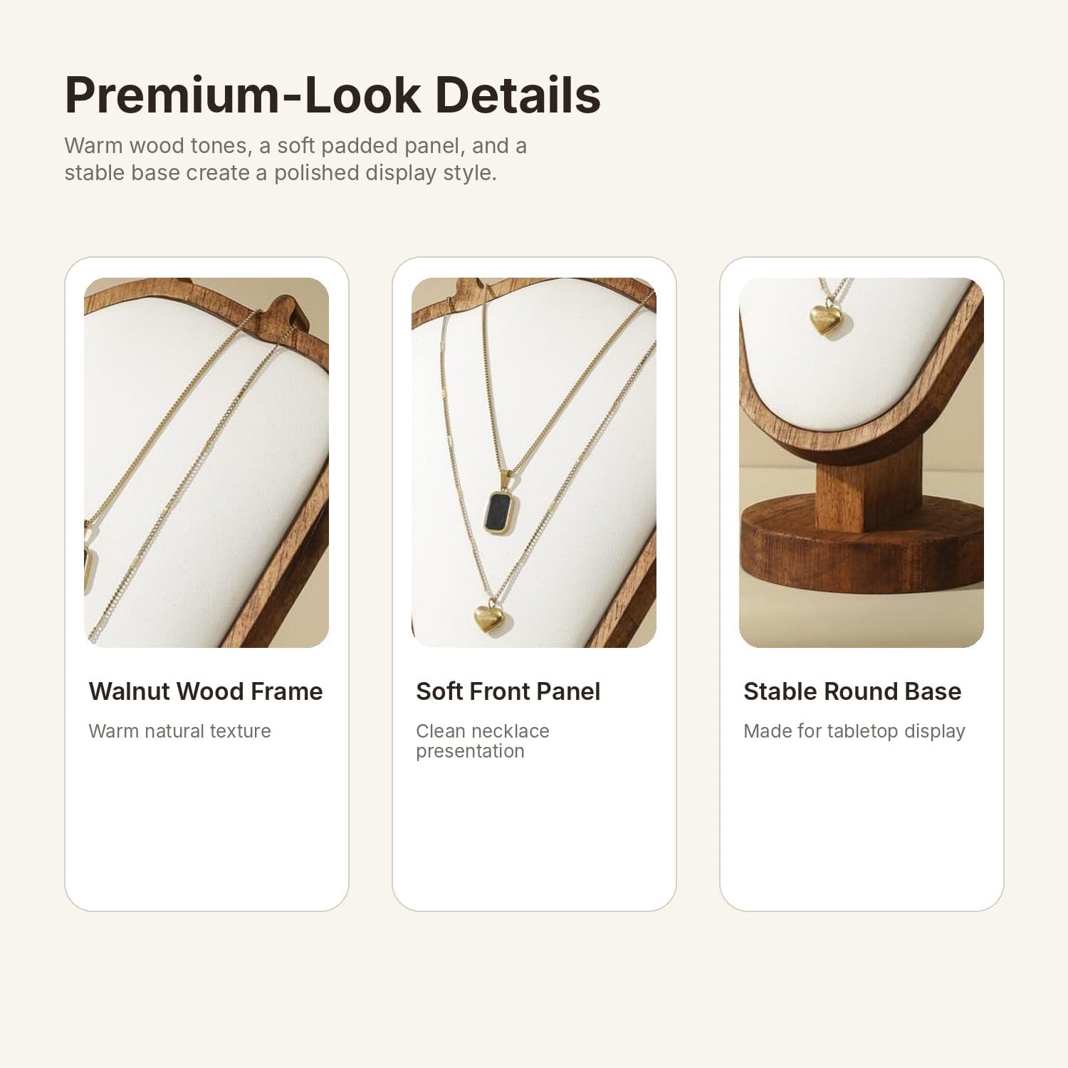 Necklace Display Stand, Walnut Wood Jewelry Holder with Soft Padded Leather Panel, Tabletop Necklace Organizer for Dresser, Vanity, Boutique Display (White)