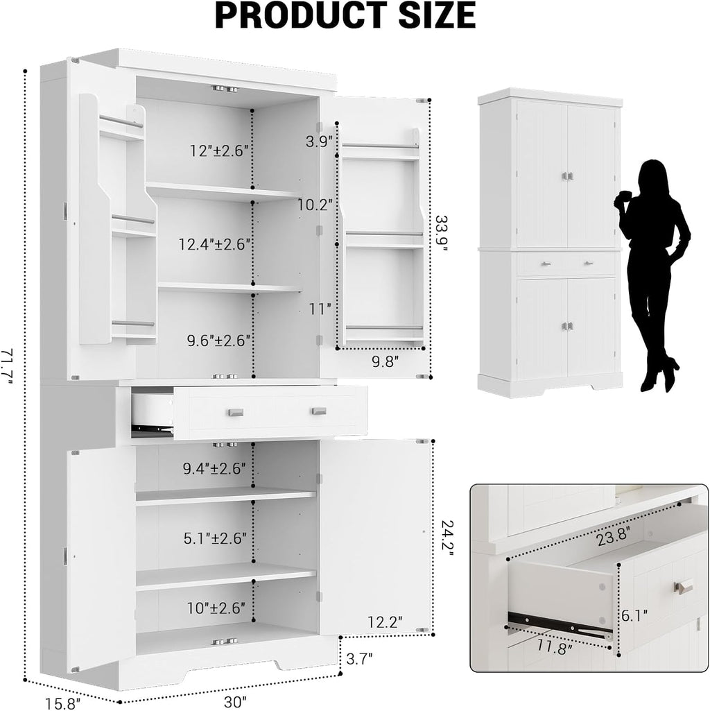 71-Inch Tall Kitchen Storage Cabinet, 2 Large + 1 Drawer + 6 Door Shelves, Pantry Organizer for Food, Utensils & Kitchenware, Storage for Kitchen & Bathroom, White