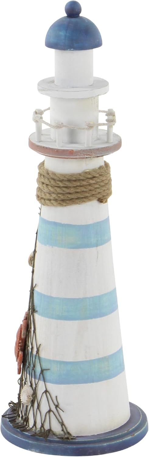 Deco 79 Wood Light House Decorative Sculpture Home Decor Statue with Netting, Accent Figurine 7" x 7" x 16", White