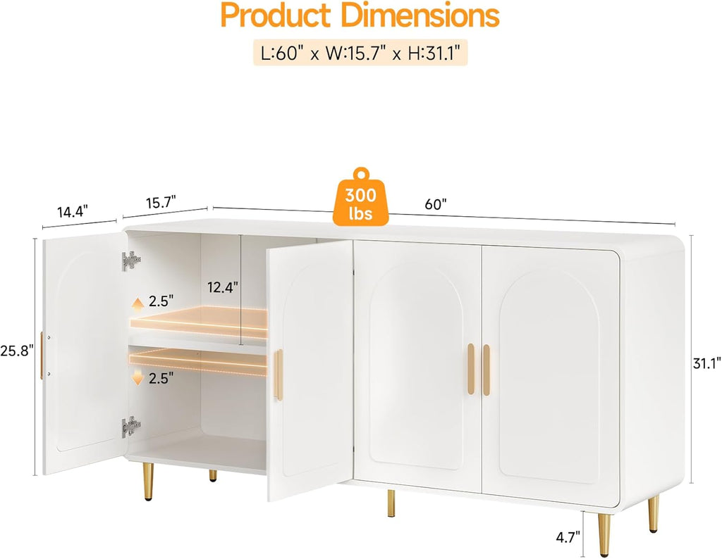 ONBRILL 60" Sideboard Buffet Cabinet, Large Credenza Storage Cabinet, Modern Console Table with Doors and Shelves, White Coffee Bar for Living Dining Room Kitchen Hallway