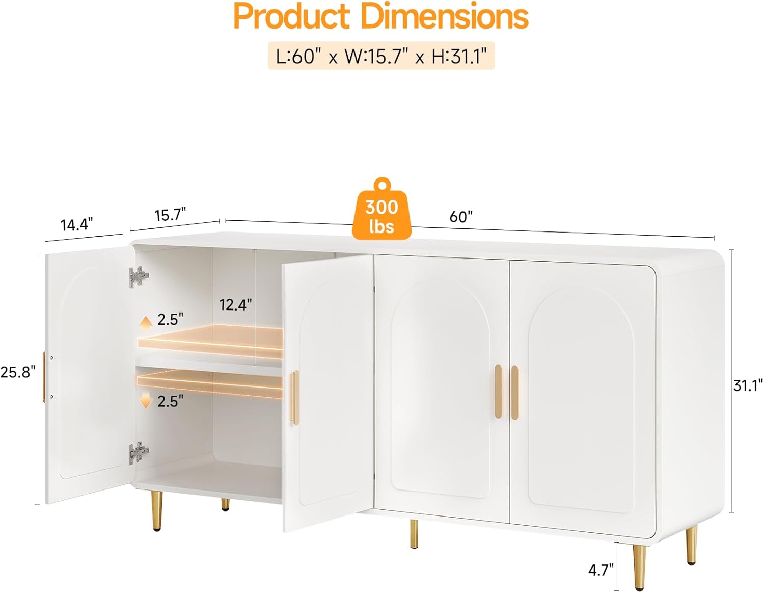 ONBRILL 60" Sideboard Buffet Cabinet, Large Credenza Storage Cabinet, Modern Console Table with Doors and Shelves, White Coffee Bar for Living Dining Room Kitchen Hallway