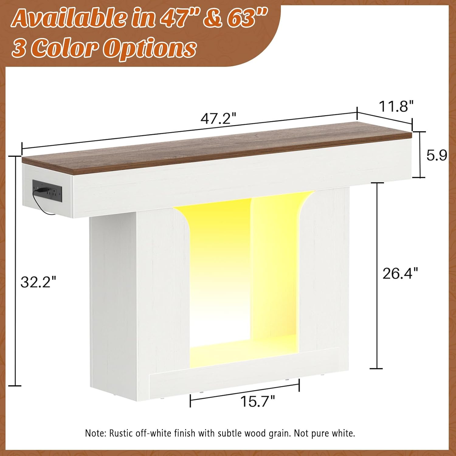 Homieasy Console Table, 47" Entryway Table with LED Lights & Charging Station, Farmhouse Wooden Sofa Table Behind Couch, Narrow Hallway Table for Living Room, Foyer, Entry, Antique White & Brown