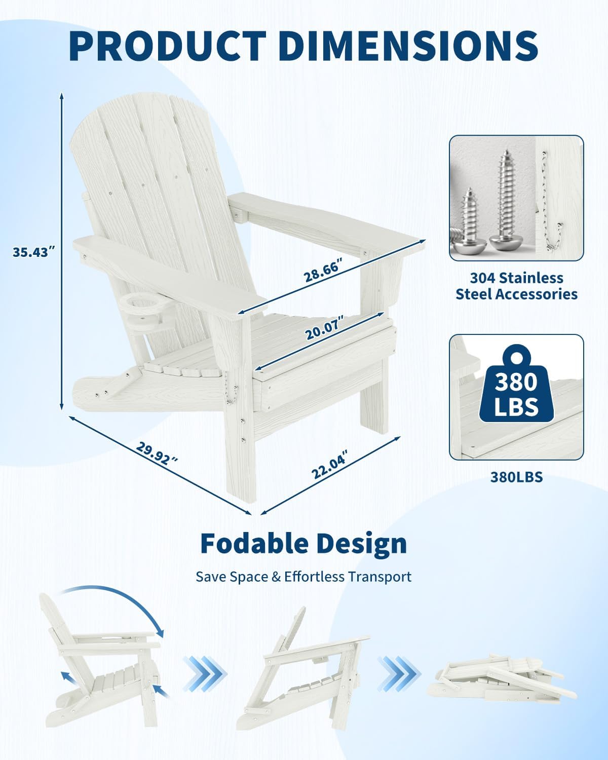 Garvee Folding Adirondack Chair Set of 2, HDPE Outdoor Patio Chair with Cup Holder, All Weather Resistent Wooden Textured for patios, Decks, Gardens, fire Pit, White