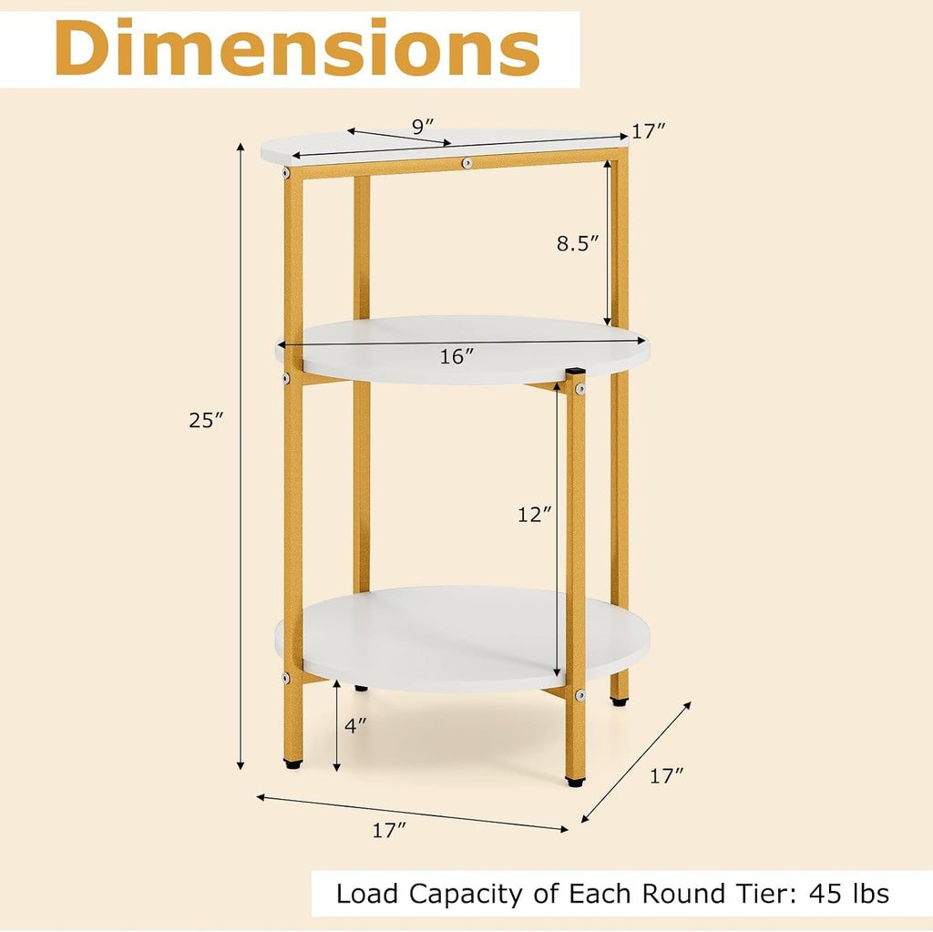GOFLAME Gold End Table, Round Sofa Side Table with Storage Shelves 3-Tier, Metal Frame, Modern Bedside Tables, Narrow Compact Nightstand for Small Spaces, Living Room, Bedroom, White & Gold (2)