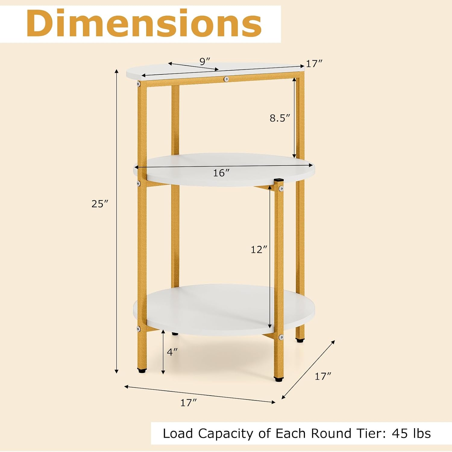 GOFLAME Gold End Table, Round Sofa Side Table with Storage Shelves 3-Tier, Metal Frame, Modern Bedside Tables, Narrow Compact Nightstand for Small Spaces, Living Room, Bedroom, White & Gold (2)