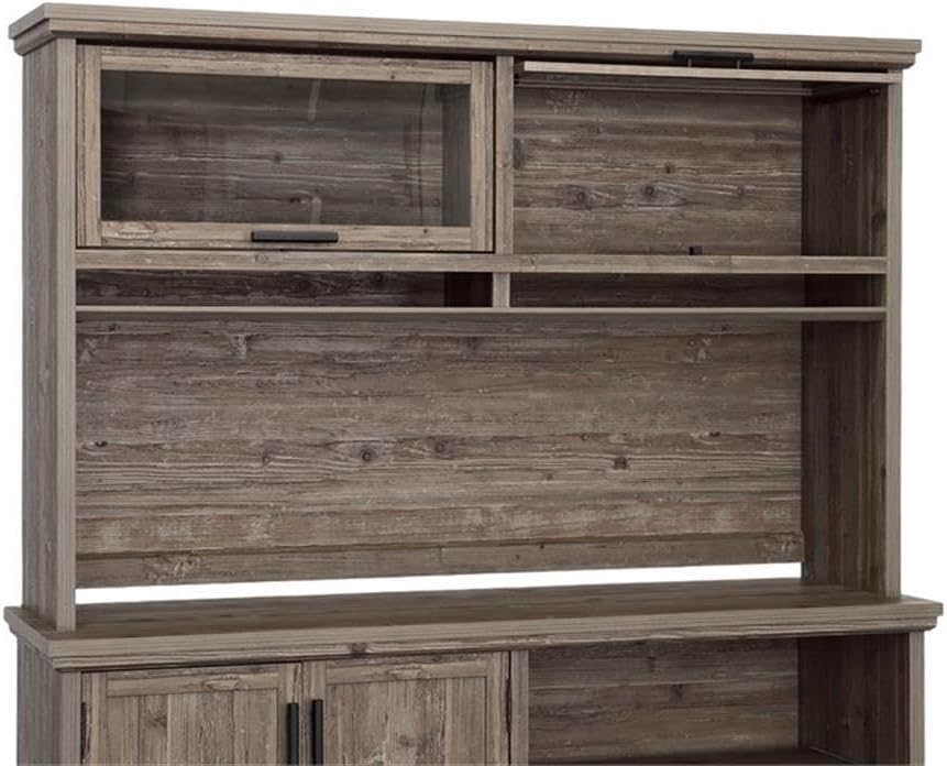 Pemberly Row Modern Engineered Wood Hutch, Pebble Pine/Brown Finish, 41.3 in H x 65.1 in W x 15.1 in D, Safety-Tempered Glass Doors, Storage Cubbyholes, Compatible with Credenza or L-Shaped Desk